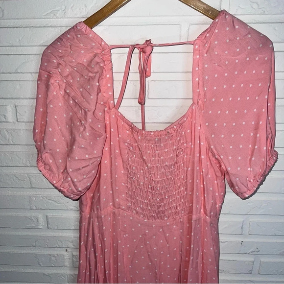 Gibson Pink White Polka Dot Puffed Short Sleeve Midi Smocked Dress, Size Small - Picture 6 of 9